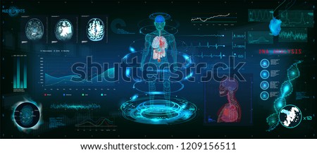 MRT futuristic scanning in HUD style design, Human body, organs and brain scan with pictures. Hi-tech elements. Virtual graphic touch HUD UI with illustration of DNA formula, cardiogram and data chart