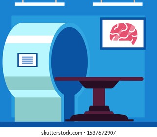 MRT or magnetic resonance tomography medicine office with an equipment the flat vector illustration background. Interior of MRI procedure medical office or laboratory.
