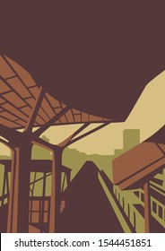 MRT station view in afternoon flat illustration and vintage vector art