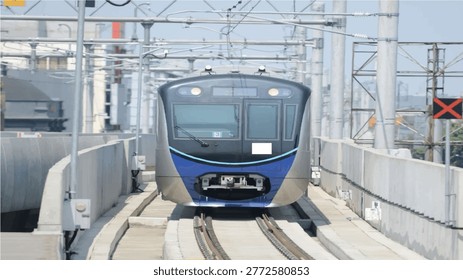 MRT train running on an elevated railway track. Clean design and strong perspective, suitable for transport, infrastructure, and urban railway icon mobility themes