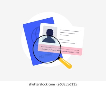 MRZ code on a passport for machine-readable identity verification. Biometrics, scanning and AI tools used to analyze passport data for security. MRZ Machine readable zone vector illustration and icons