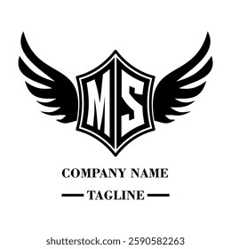 MS bold shield logo with wings, customizable with letters A to Z. Perfect for brands seeking a powerful symbol of strength, freedom, and ambition