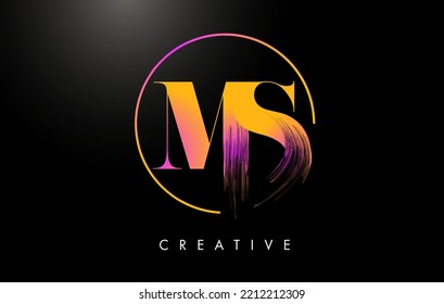 MS Brush Stroke Letter Logo Design. Orange Purple Paint Logo Leters Icon With Elegant Circle Vector Design.