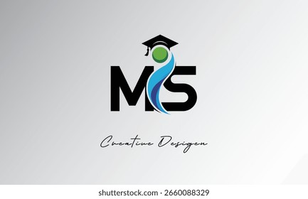 MS Creative Letter Logo with Graduation Cap and Abstract Human – Modern Education and Learning Symbol Design
