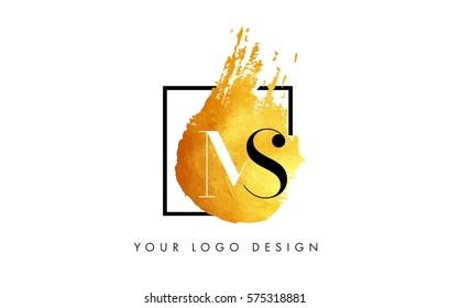 MS Gold Letter Brush Logo. Golden Painted Watercolor Background with Square Frame Vector Illustration.