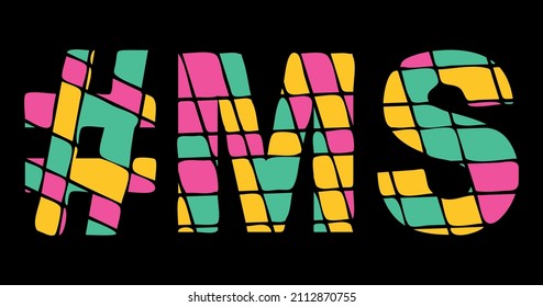 MS Hashtag. Tricolor isolated letters from contrast flowing fluid shapes. 3 colored Hashtag #MS is abbreviation for the US American state Mississippi for social network, web resources, mobile app