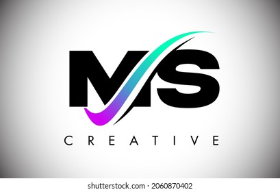 Logotipo de la carta MS con línea curva de Swoosh creativa. Vector de iconos de MS con letra negrita y colores vibrantes Ilustración.
