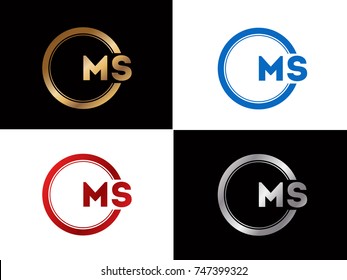 ms Letter logo Design in a circle. Blue Red and silver colored