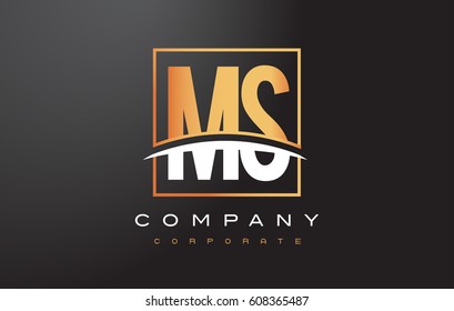 MS M S Golden Letter Logo Design with Swoosh and Rectangle Square Box Vector Design.