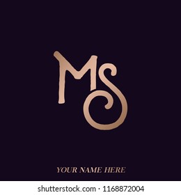 MS monogram logo.Wedding or branding icon with letter m and letter s.Initials lettering in shiny metallic color isolated on dark background.
