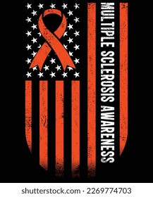 MS Multiple Sclerosis Awareness Orange Ribbon US Flag T-Shirt design.