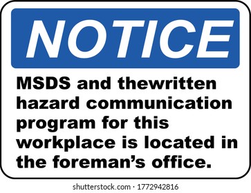 MSDS Located In The Foreman Office Sign