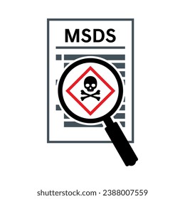 MSDS vector illustration. Material safety data sheet with magnifying glass, head skull and bone for danger awareness. Industrial chemical and hazardous material handling procedure.