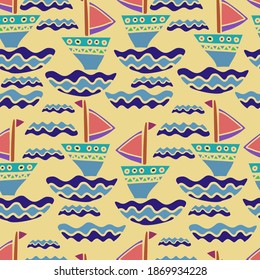 Diseño vectorial sin MSeamless diseño patrón verde tropical con barcos de vela decorativos sobre fondo amarillo. Puede utilizarse para imprimir sobre papel, pegatinas, insignias, biyúterias, tarjetas, textiles