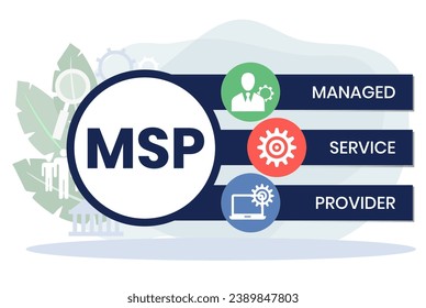 MSP, Managed Service Provider acronym. Concept with keyword and icons. Flat vector illustration. Isolated on white