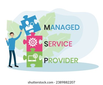 MSP, Managed Service Provider acronym. Concept with keyword and icons. Flat vector illustration. Isolated on white