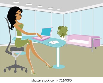 Mss Boo working in her office with pink laptop