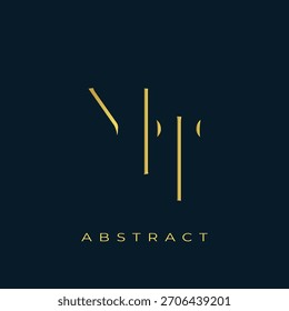 MT Abstractas diseño de logotipo dorado. Abstractas composición de símbolos de oro sobre un fondo azul marino oscuro