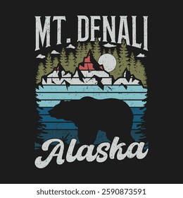 Mt. Denali National Park Alaska Vintage Retro T Shirt Design