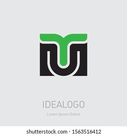 MT - design element or icon. M and T - initials, logo. TM - monogram template or logotype. Vector illustration. Letter T looks like green sprout.