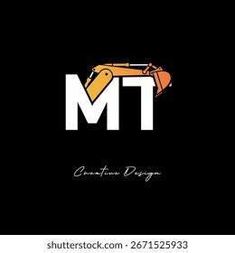 Logotipo de construcción del brazo de excavadora MT - diseño de marca de letra de Industrial en negrita para equipos pesados, marca de contratista e identidad de ingeniería moderna