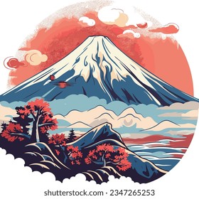 Mt. Fuji, Japan. Vector illustration in retro style.