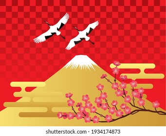 Mt. Fuji, Japanese crane and red plum. Vector background material 