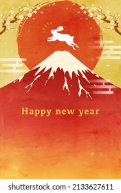 Mt. Fuji and rabbit and New Year's card of the first sunrise

translation:Fuji(Fuji is the name of a mountain in Japan)