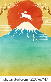 Mt. Fuji and rabbit and New Year's card of the first sunrise

translation:Fuji(Fuji is the name of a mountain in Japan)