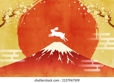 Mt. Fuji and rabbit and New Year's card of the first sunrise

translation:Fuji(Fuji is the name of a mountain in Japan)