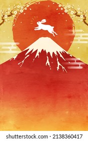 Mt. Fuji and rabbit and New Year's card of the first sunrise

translation:Fuji(Fuji is the name of a mountain in Japan)