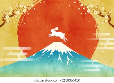 Mt. Fuji and rabbit and New Year's card of the first sunrise

translation:Fuji(Fuji is the name of a mountain in Japan)