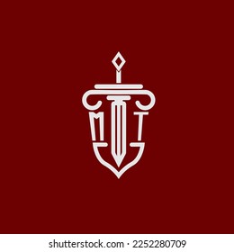 MT initial logo monogram design for legal lawyer vector image with sword and shield