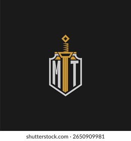 MT monograma inicial para imagem de estilo escudo e espada