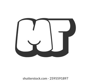 MT logo, bubble comic lettering, rounded in graffiti style black and white silhouette. Trendy preschool M and T letter text for festival party, personal initials, children funky print and web. 