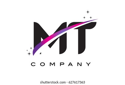 MT M T Black Letter Logo Design with Purple Magenta Swoosh and Stars.