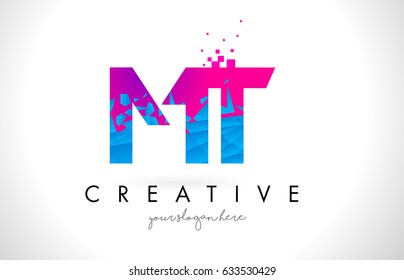 MT M T Letter Logo with Broken Shattered Blue Pink Triangles Texture Design Vector Illustration.