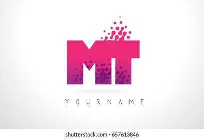MT M T Letter Logo with Pink Letters and Purple Color Particles Dots Design.