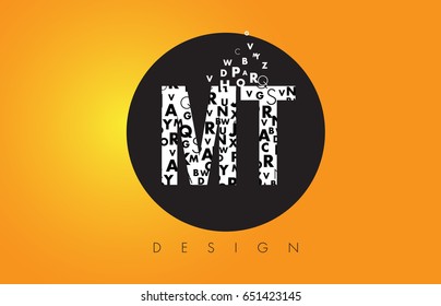 MT M T Logo Design Made of Small Letters with Black Circle and Yellow Background.