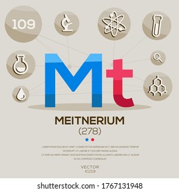 MT (Meitnerium)El elemento de tabla periódica, letras e iconos,Ilustración vectorial.