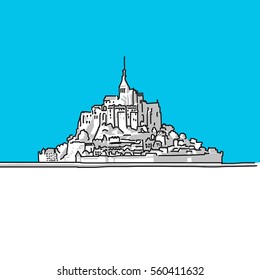 Mt Saint Michel, France, hand-drawn vector drawing, blue series