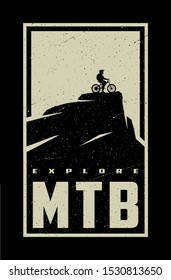 MTB explore. Mountain bike banner, t-shirt print design on a dark background.