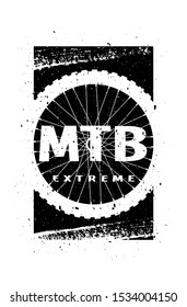 MTB extreme on the background of the wheel. Banner, t-shirt print design.