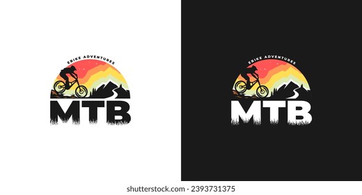 Logo de una ilustración de MTB (Montaña Bike) con un sendero de montaña contra un cielo retro, capturando la esencia de la aventura y la naturaleza.