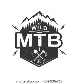 MTB mountain biking retro decorative emblem. Editable badge with mountain and forest. Labels with retro vintage styled design