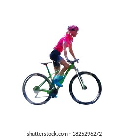 Mtb Rider, Woman Biker On Her Mountain Bike, Low Polygonal Side View Isolated Vector Illustration