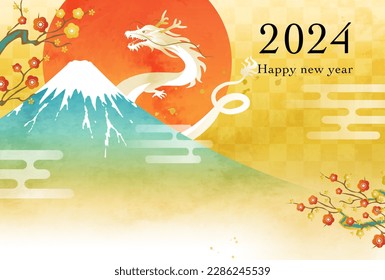 Mt.Fuji, dragon and the first sunrise of the year painted in watercolor. New Year's card template for 2024.