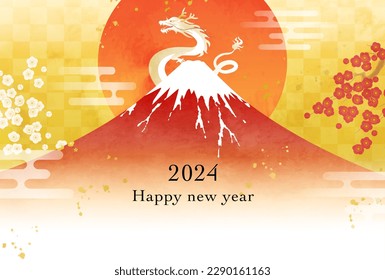 Mt.Fuji, dragon and the first sunrise of the year painted in watercolor. New Year's card template for 2024.