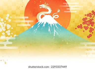 Mt.Fuji, dragón y el primer amanecer del año pintado en acuarela. Plantilla de la tarjeta de Año Nuevo para 2024.