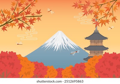 Mt.Fuji and momiji tree.
traditional Japanese autumn scenery.
autumn season.